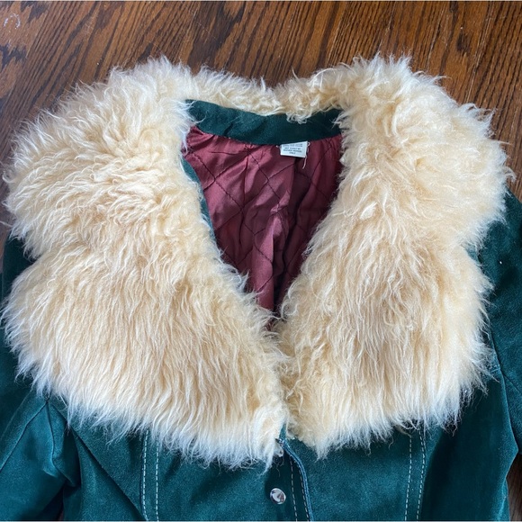 Vintage Suede Jacket w/ Fur Collar 🌲Forest Green, Buttoned, Penny Lane Style😍 - Picture 2 of 16
